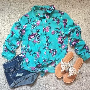 Turquoise Floral Tie Top